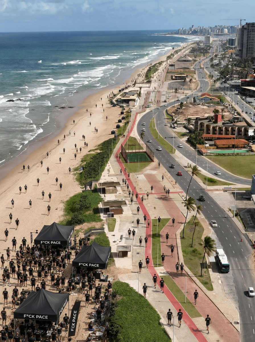 Vista aérea de centenas de corredores de camiseta preta reunidos