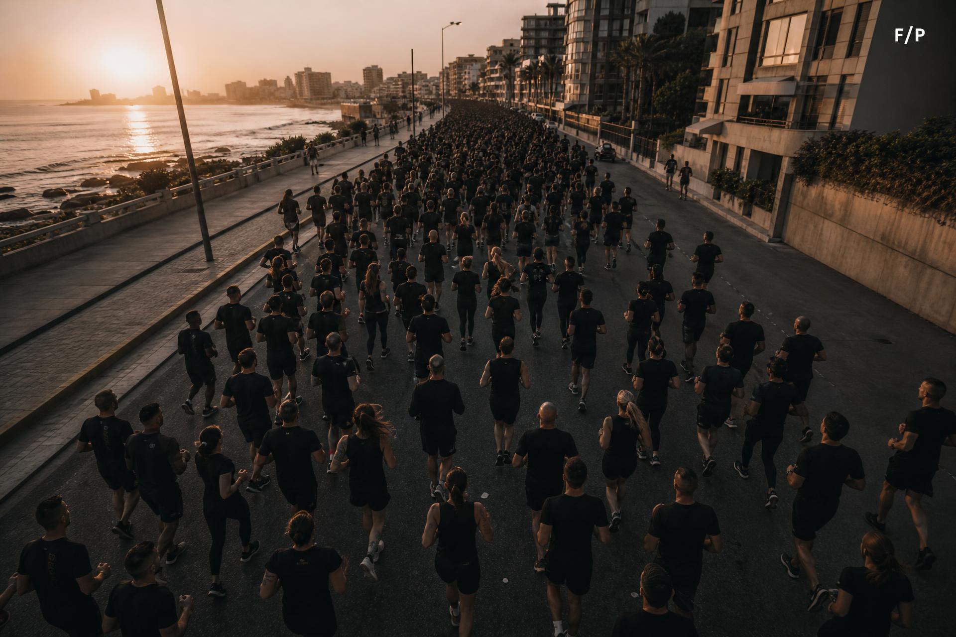 Grupo de corredores de camiseta preta na rua ao amanhecer