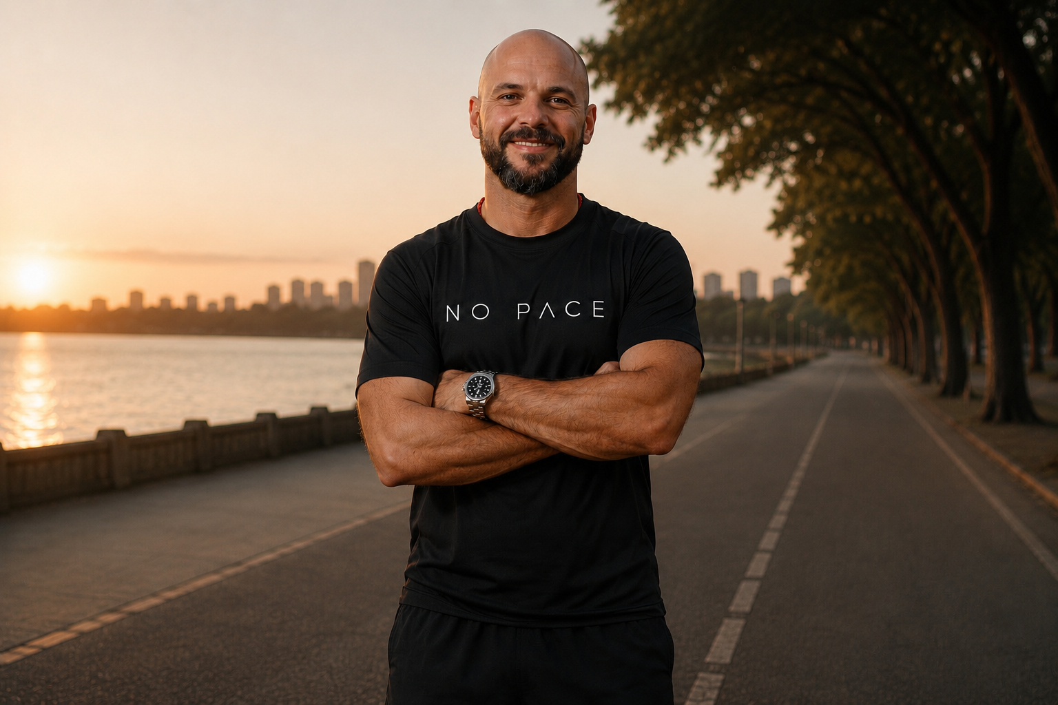 Ricardo Lapa de camiseta NO PACE na orla ao amanhecer